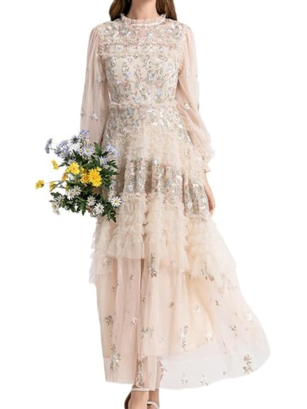 Delicate Embroidered Tulle Maxi Dress in Blush